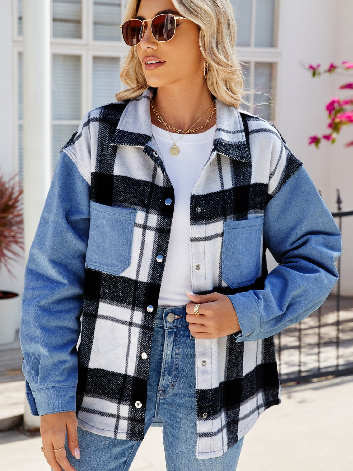 Pocketed Plaid Snap Down Denim Jacket - T - 1 COLOR -