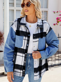 Thumbnail for Pocketed Plaid Snap Down Denim Jacket - T - 1 COLOR -