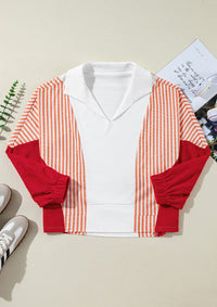 Thumbnail for Striped Johnny Collar Long Sleeve Sweatshirt - T - 1 COLOR -