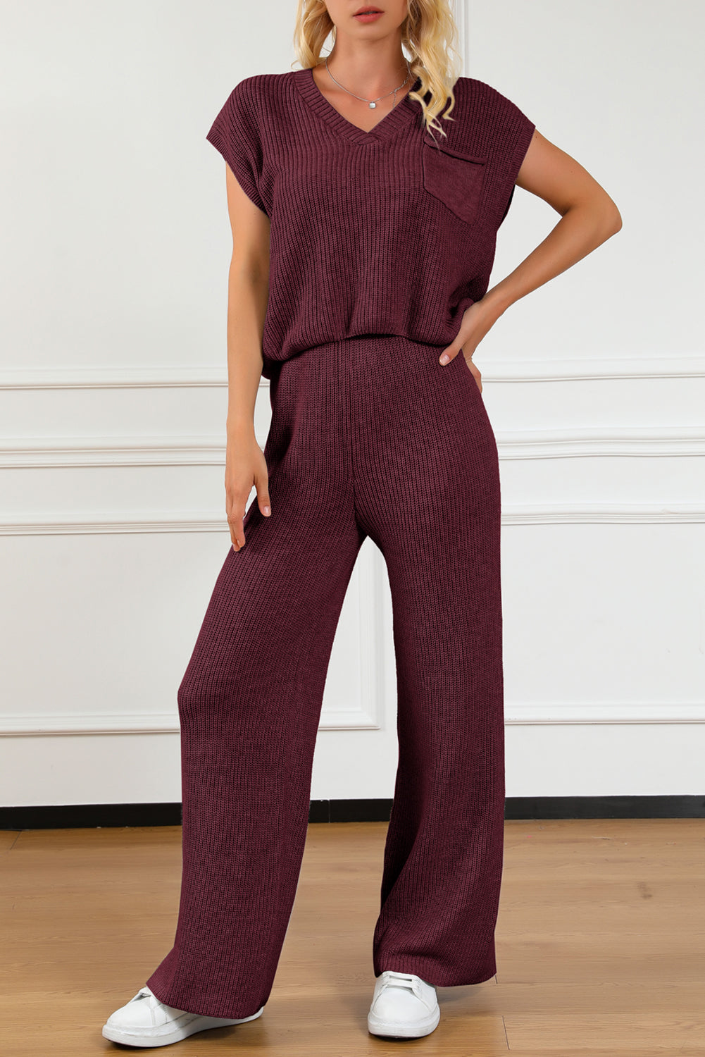 Pocketed V-Neck Top and Wide Leg Sweater set - 2 PCS. - T - 7 COLORS -