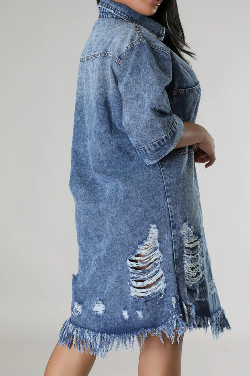 Distressed Raw Hem Button Up Denim Dress - T - LIGHT OR MEDIUM DENIM -