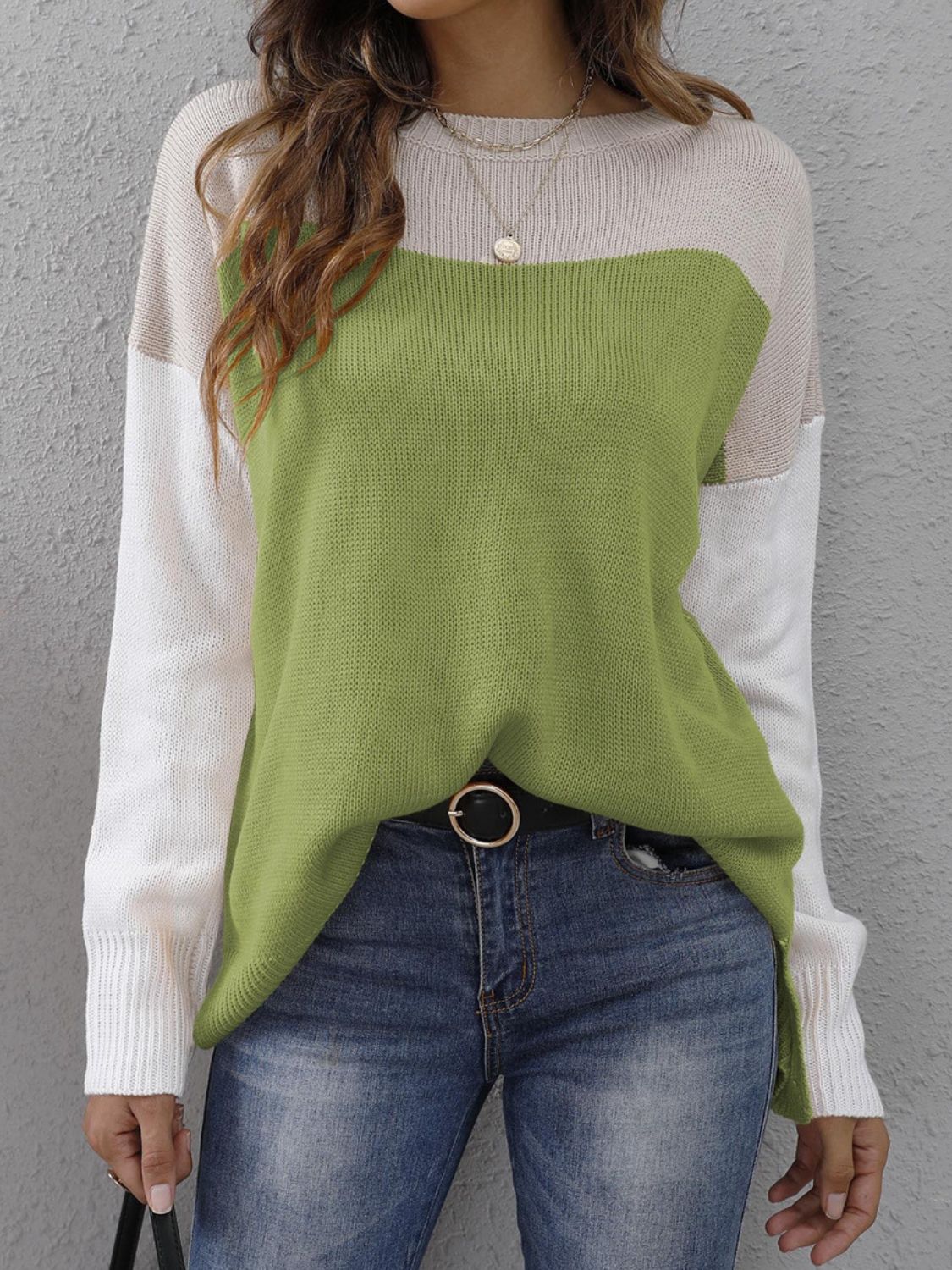 Color Block Round Neck Sweater - T - 3 COLORS -