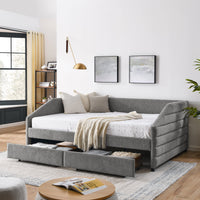 Thumbnail for Queen Size Daybed With Two Drawers Trundle Upholstered Tufted Sofa Bed, Linen Fabric, Grey (88