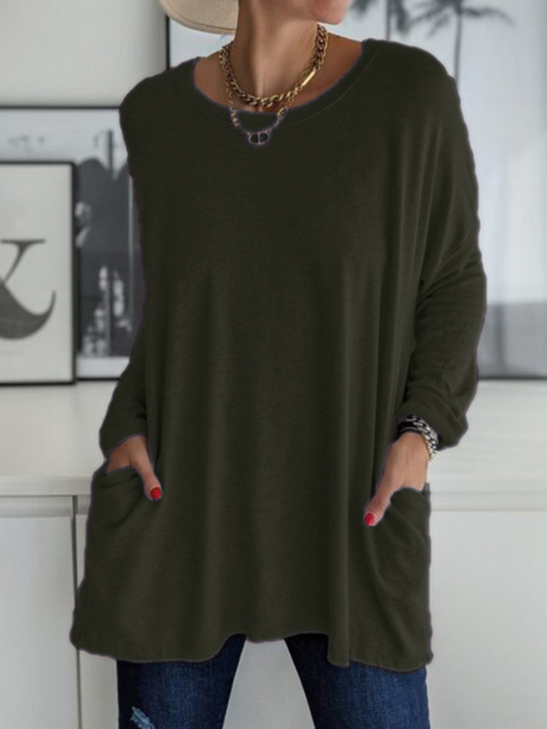 Full Size Round Neck Drapey Long Sleeve T-Shirt - SIZES S THRU 3XL - T - 6 COLORS -