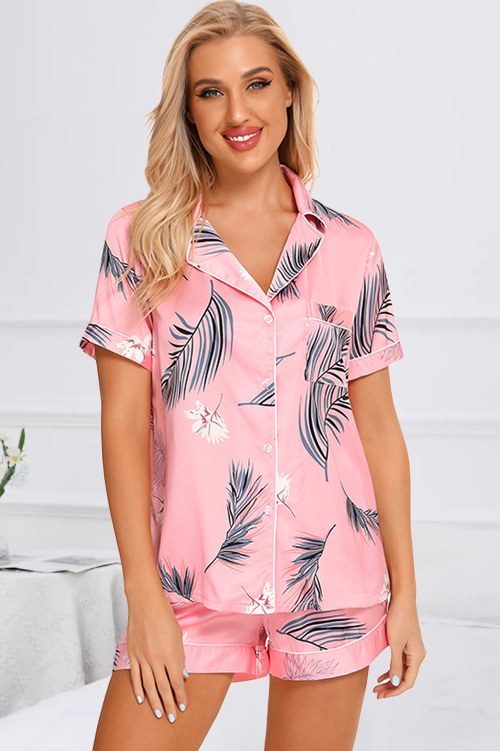 Printed Button Up Short Sleeve Top and Shorts Lounge Set - 2 PCS. - T - 10 COLORS -