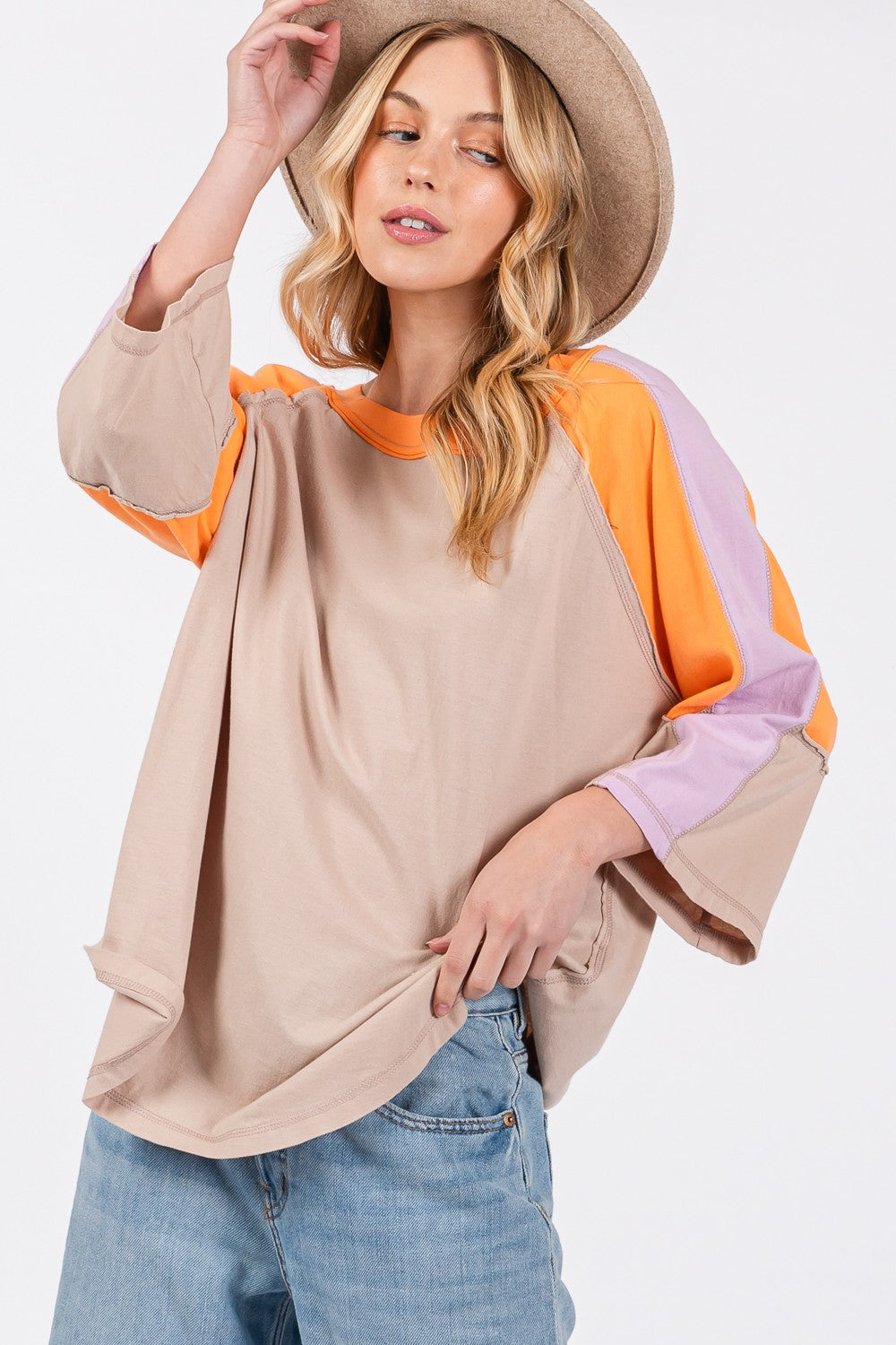 SAGE + FIG Color Block Curved Hem LS T-Shirt - T - 1 COLOR -