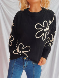 Thumbnail for Flower Round Neck Long Sleeve Sweater - 1 OVERSIZE - T - 3 COLORS -