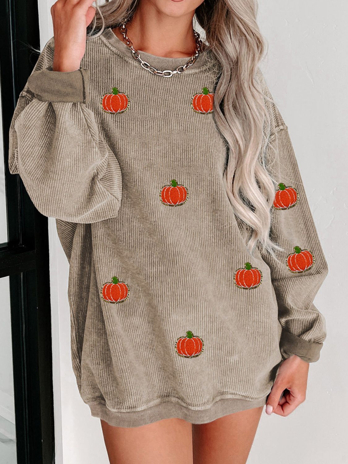 Pumpkin Round Neck Long Sleeve Sweatshirt - T - 2 COLORS -