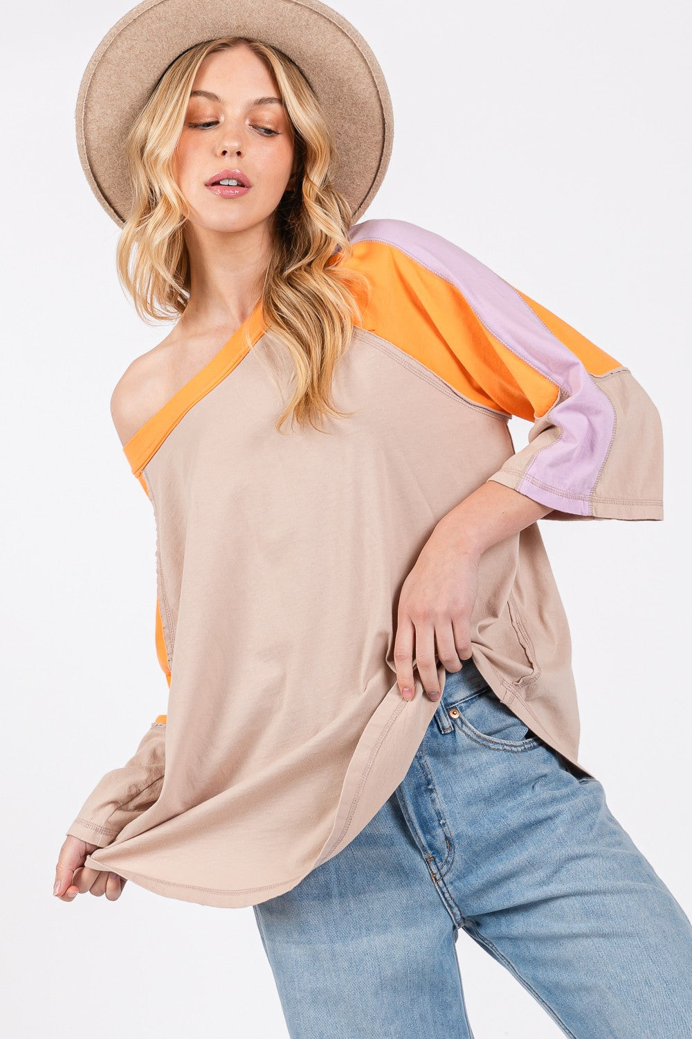 SAGE + FIG Color Block Curved Hem LS T-Shirt - T - 1 COLOR -