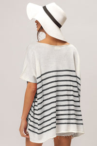 Thumbnail for BiBi V Neck Striped Short Sleeve Top - Beach or Everyday - T - 1 COLOR -