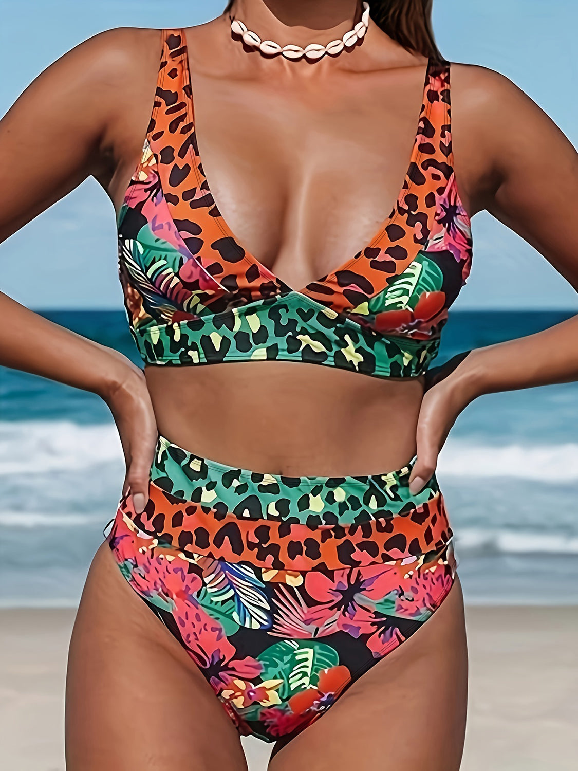 Leopard Plunge Wide Strap Two-Piece Swim Set - T - 1 COLOR -