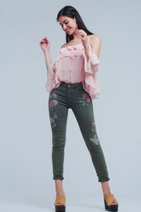 Thumbnail for Q2 - Khaki Jeans With Embroidered Flower - 1 COLOR -