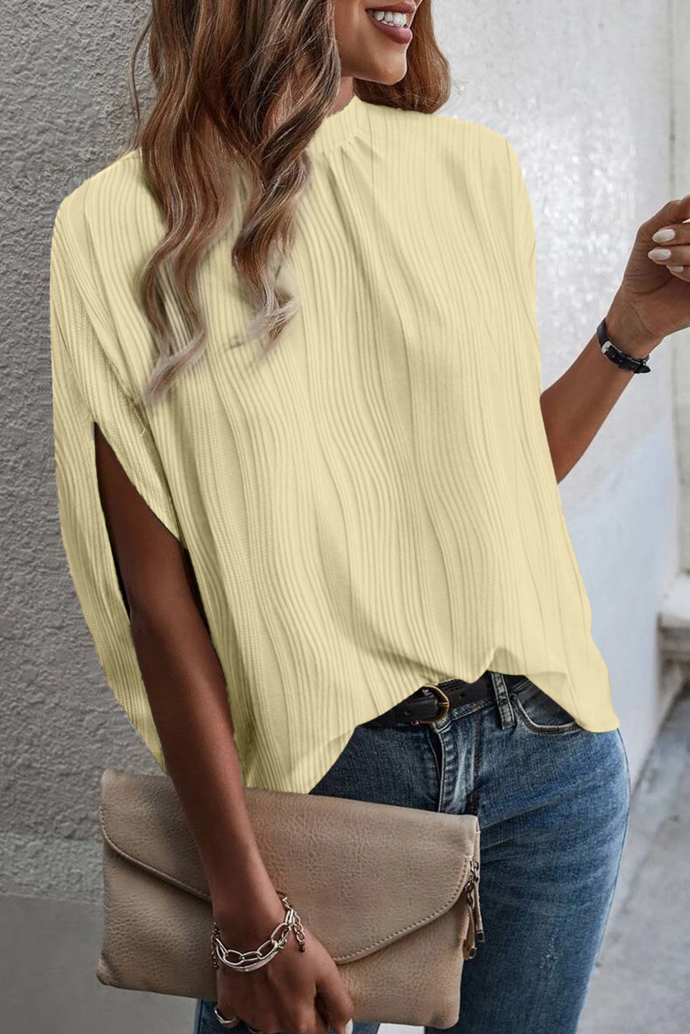 Textured Mock Neck Half Sleeve Blouse - T - 1 COLOR -