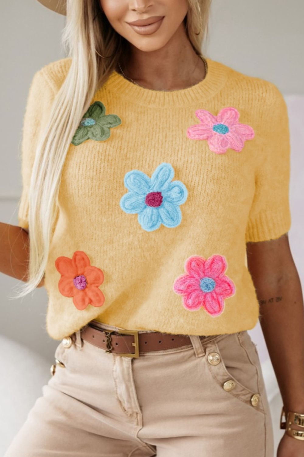 Flower Round Neck Short Sleeve Sweater - S,M,L ONLY - T - 1 COLOR -