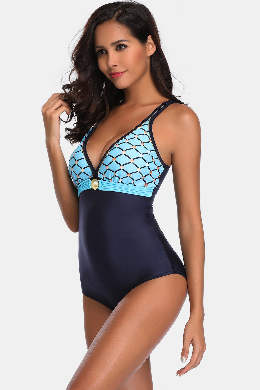 V-Neck Wide Strap One-Piece Swimwear - SIZES S THRU 5XL - T - 1 COLOR -