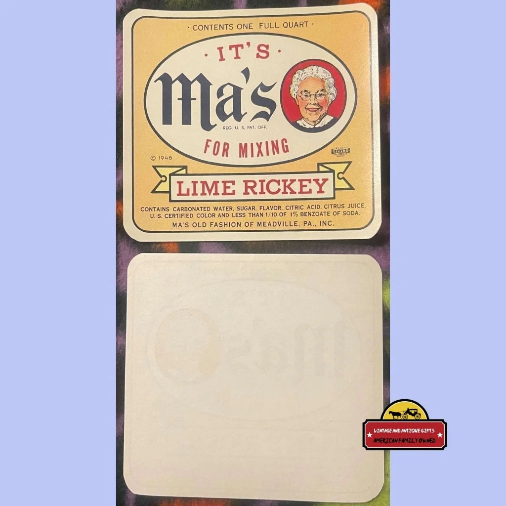 Antique Vintage Ma's Lime Rickey Label, Meadville, Pa 1940s - 1950s