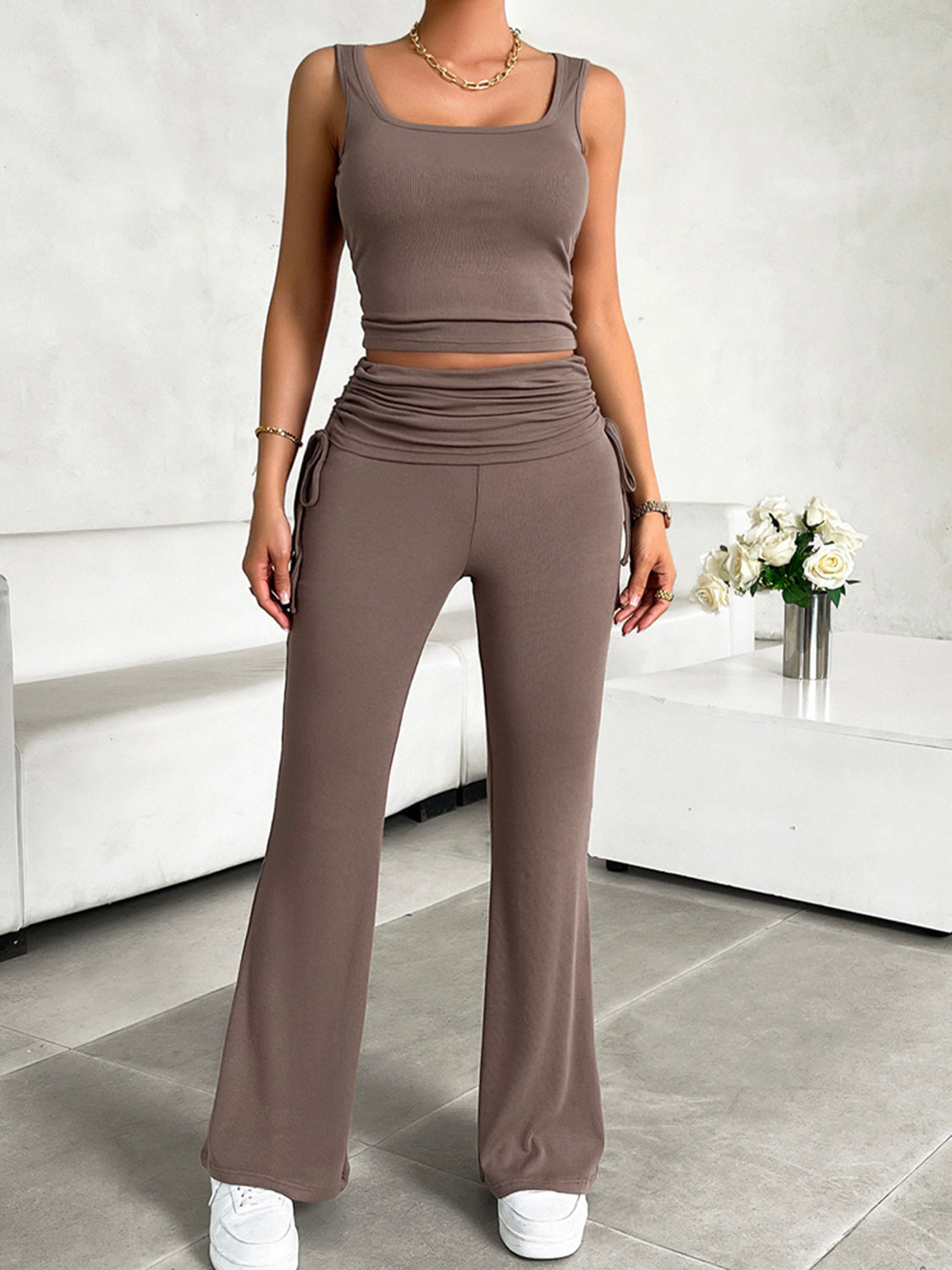 Square Neck Tank and Drawstring Pants Set - 2 PCS. - T - 4 COLORS -