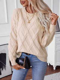 Thumbnail for Geometric Round Neck Long Sleeve Sweater - T - 2 COLORS -