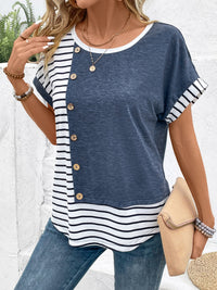 Thumbnail for Decorative Button Striped Round Neck Short Sleeve Top - T - 1 COLOR -