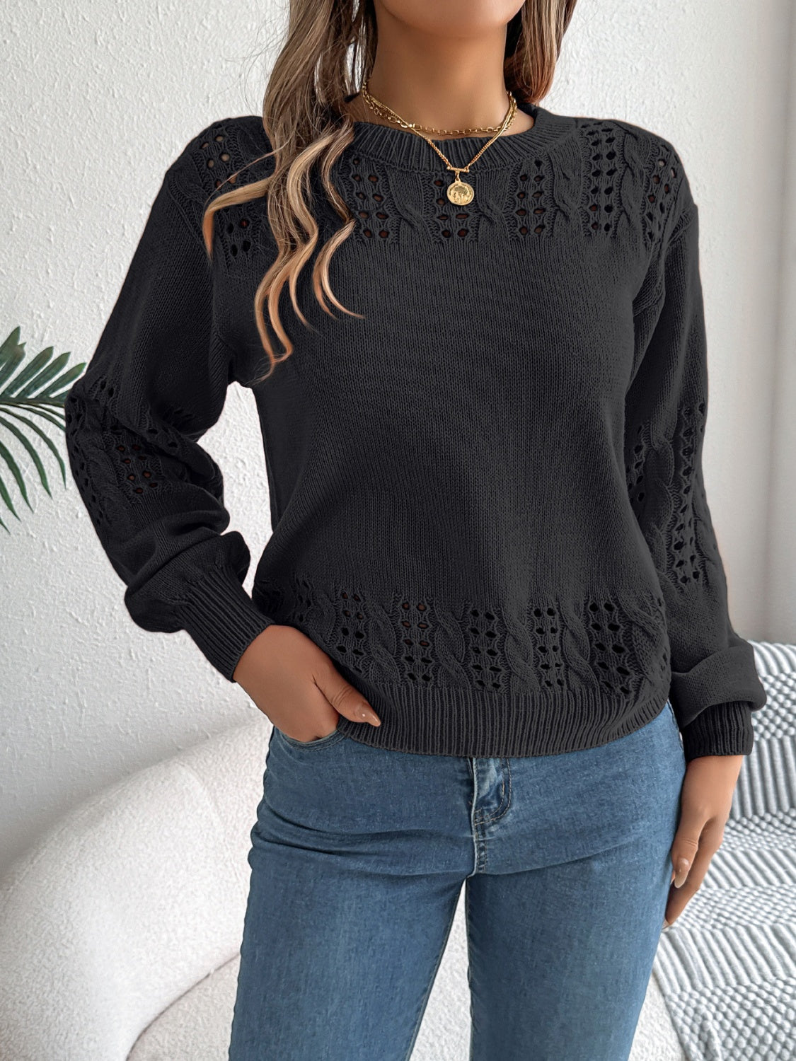 Openwork Round Neck Long Sleeve Sweater - T - 3 COLORS -