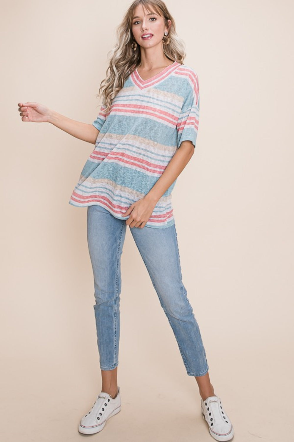 BOMBOM V-Neck Striped Knit Top - T - 1 COLOR -