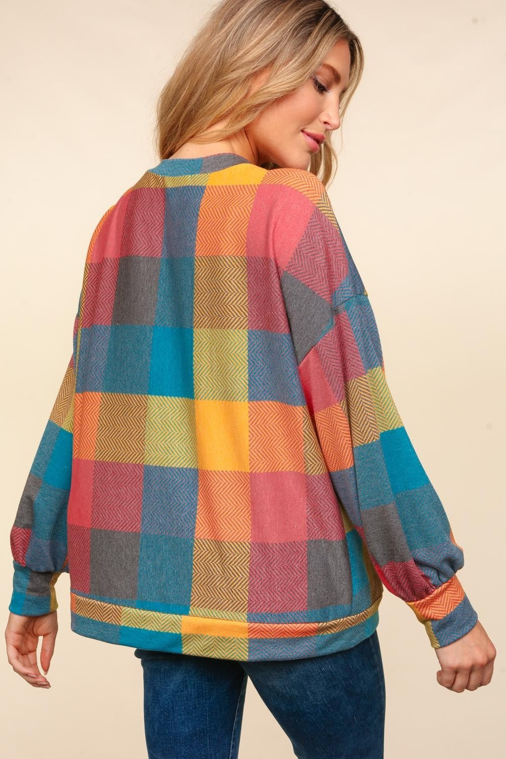 Haptics Round Neck Color Block Plaid Top - 3 SIZES - T - 1 MULTI COLOR -