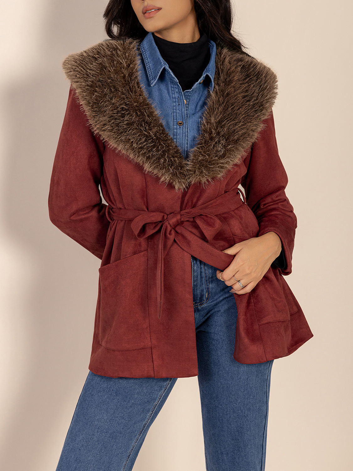 Fuzzy Collared Neck Tie Waist Jacket - T - 1 COLOR -