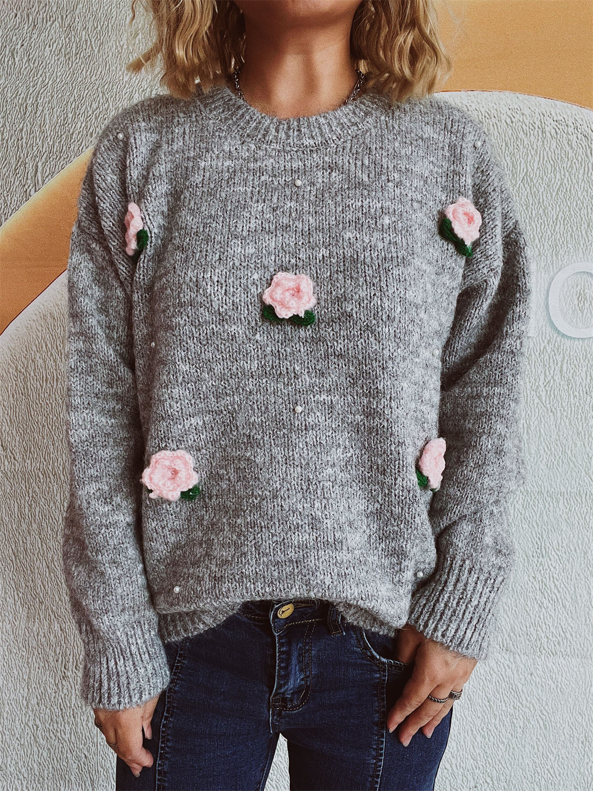 Flower Round Neck Long Sleeve Sweater - 1 OVERSIZE - T - 2 COLORS -