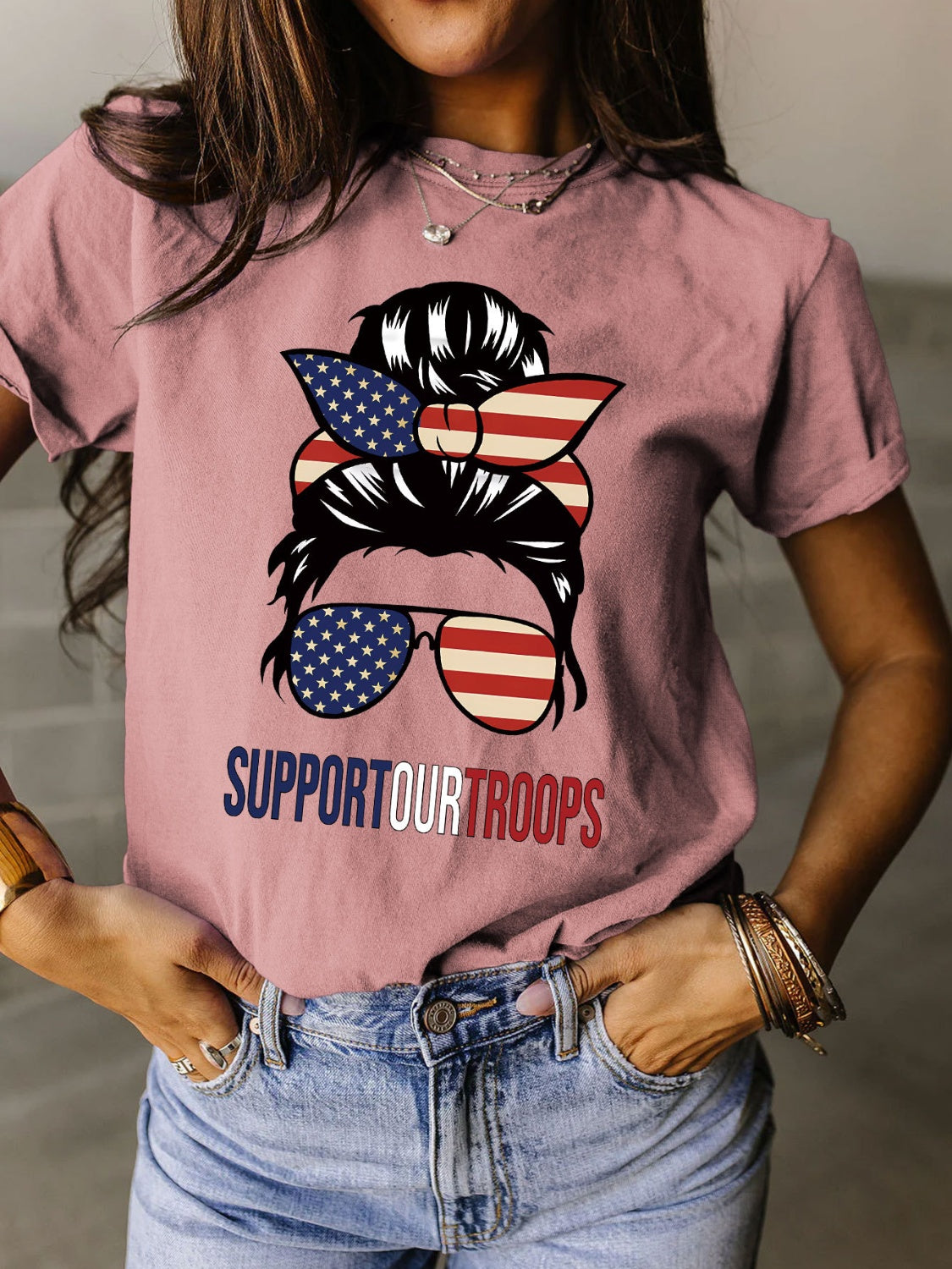 Support Our Troops Full Size Graphic Round Neck Short Sleeve T-Shirt - T - 9 COLORS -