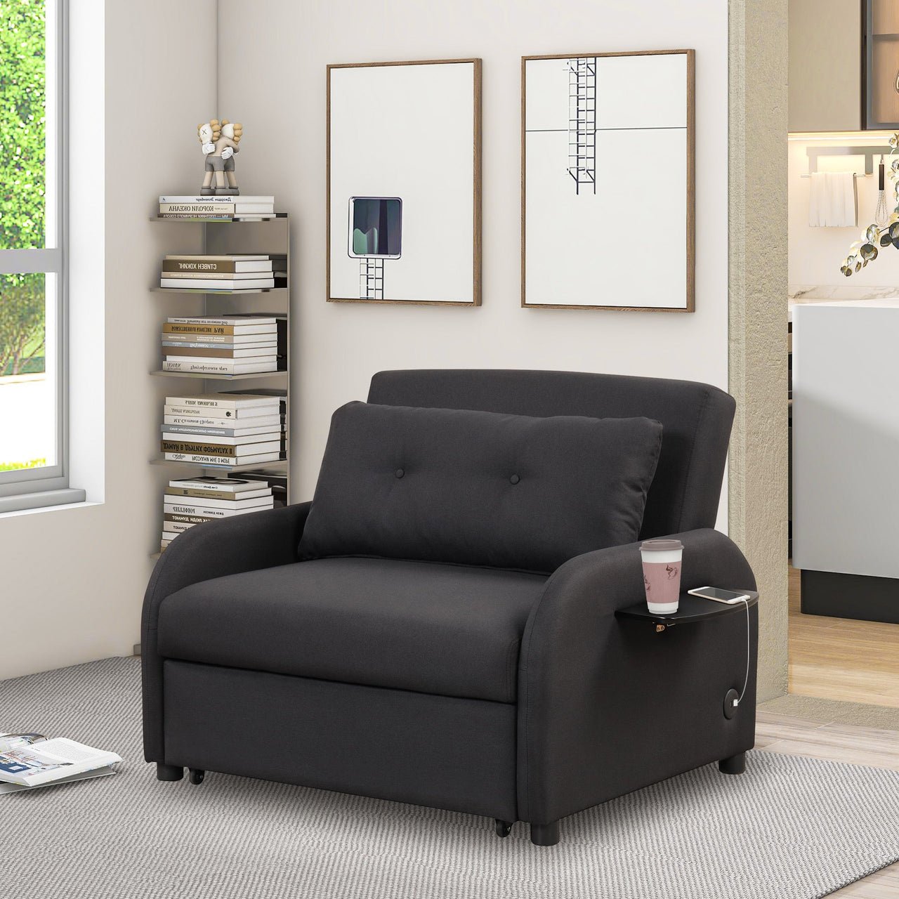 Pull Out Sofa Sleeper 3 in 1 With 2 Wing Table and Usb Charge for Nap Line Fabric for Living Room Recreation Room Black