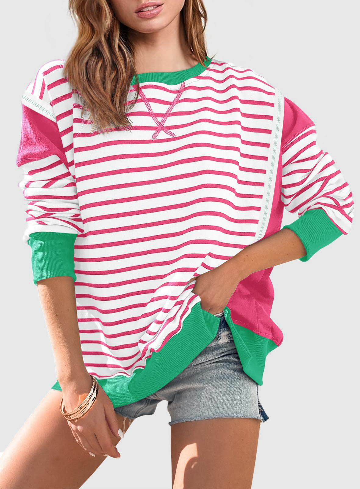 Slit Exposed Seam Striped Long Sleeve Sweatshirt - T - 8 COLORS -