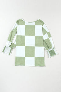 Thumbnail for Checkered Round Neck Lantern Sleeve Top