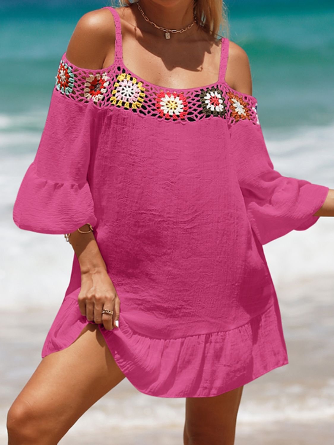 Crochet Cold Shoulder Three-Quarter Sleeve Cover Up - 1 SIZE FITS ALL - T - 6 COLORS -