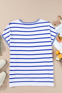 Thumbnail for Striped Round Neck Cap Sleeve Knit Top - T - 1 COLOR -