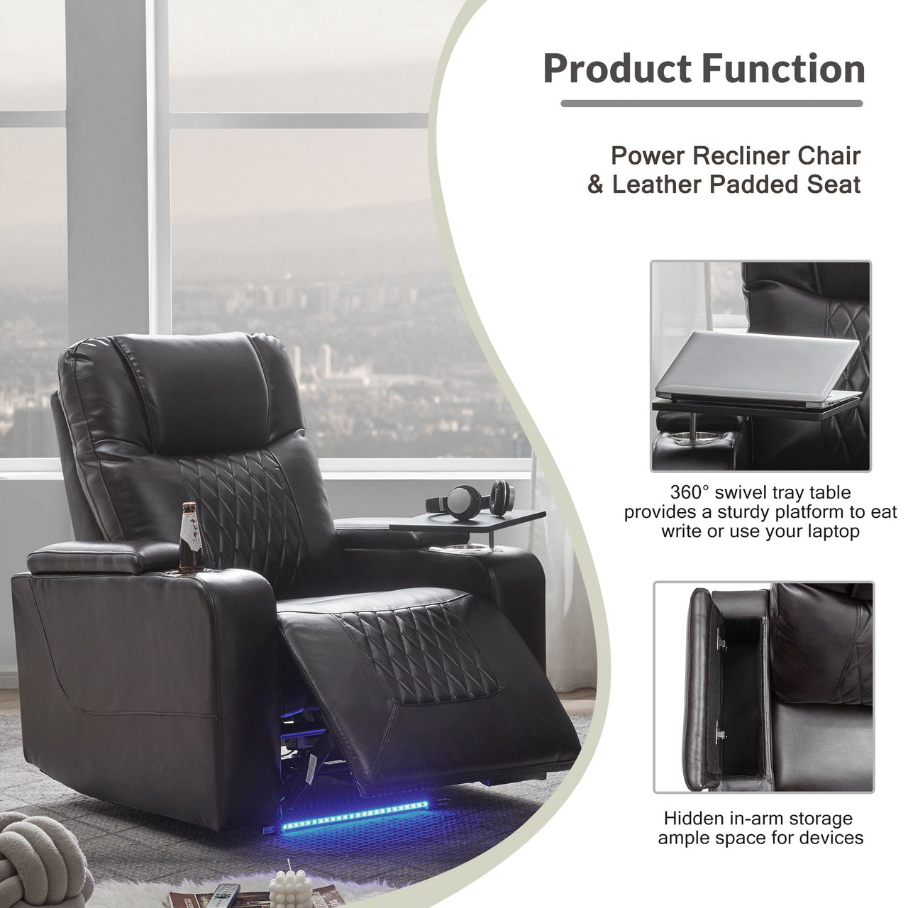 Power Motion Recliner With USB Charging Port and Hidden Arm Storage 2 Convenient Cup Holders Design and 360° Swivel Tray