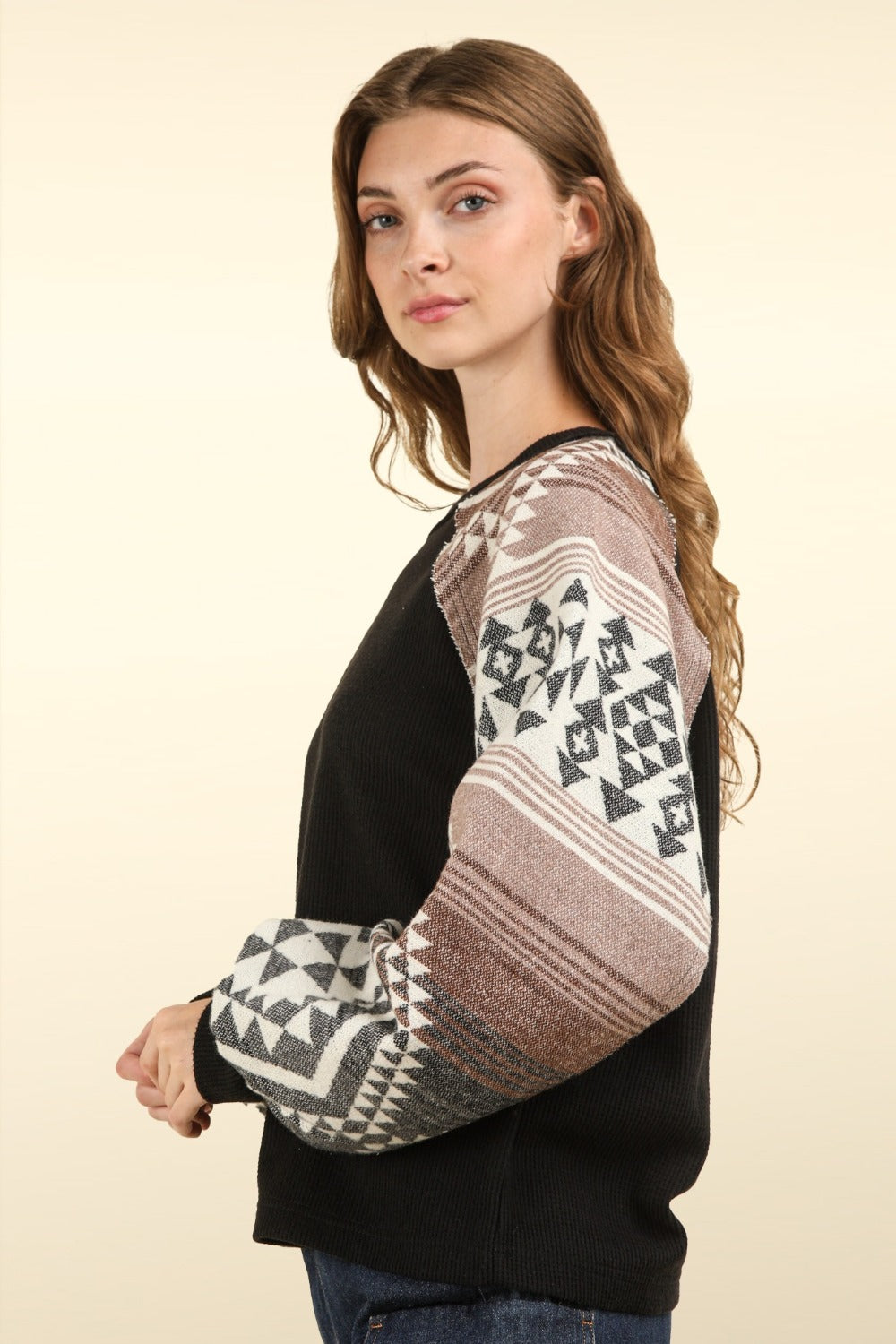 VERY J Printed Long Sleeve Round Neck Knit Top - T - 1 COLOR -