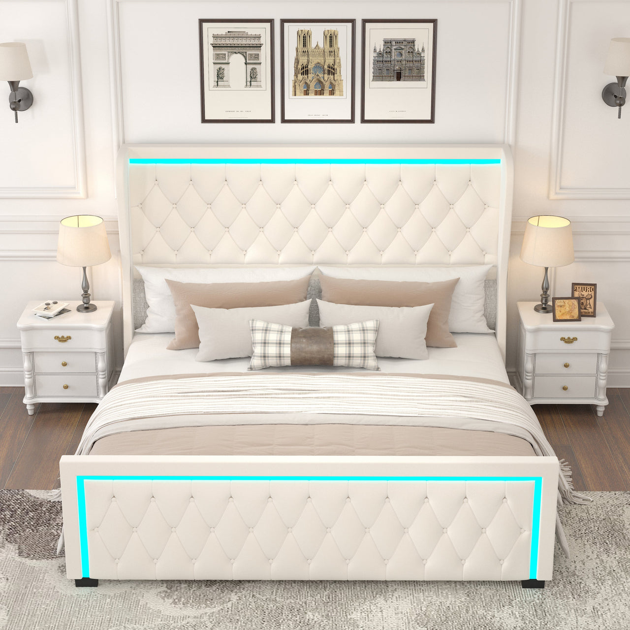 Queen Platform Bed Frame With High Headboard, Velvet Upholstered Bed With Deep Tufted Buttons, Adjustable Colorful LED L