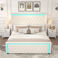 Thumbnail for Queen Platform Bed Frame With High Headboard, Velvet Upholstered Bed With Deep Tufted Buttons, Adjustable Colorful LED L