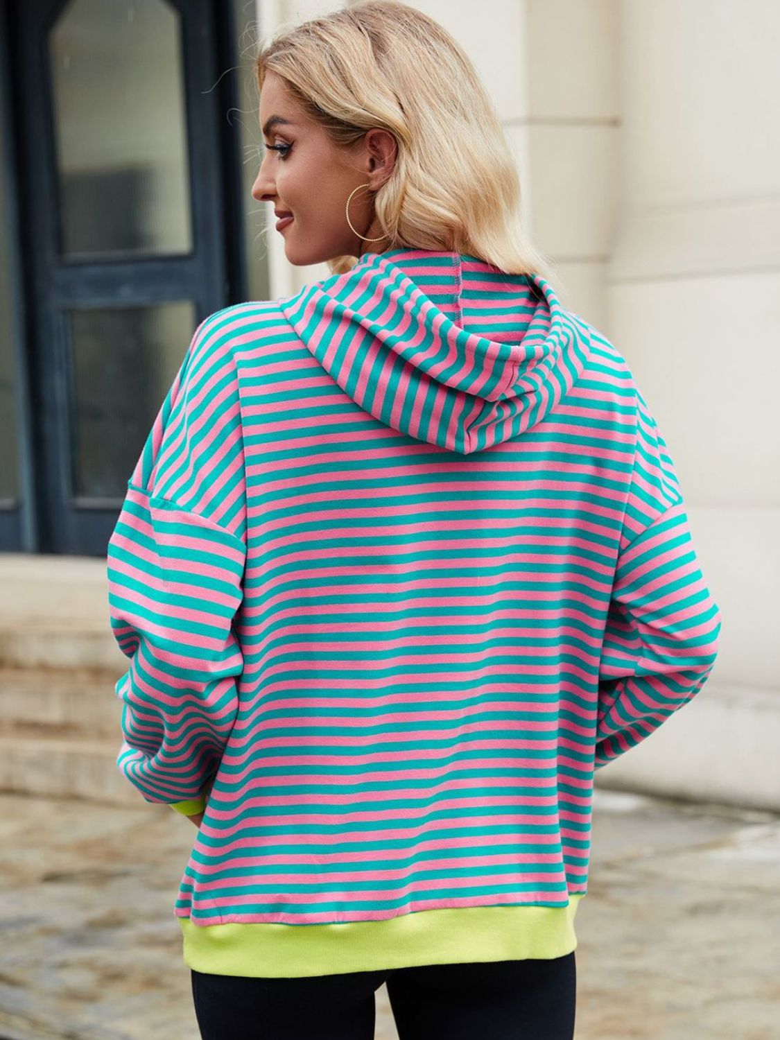 Drawstring Contrast Striped Long Sleeve Hoodie - T - 5 COLORS -