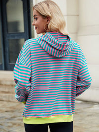 Thumbnail for Drawstring Contrast Striped Long Sleeve Hoodie - T - 5 COLORS -