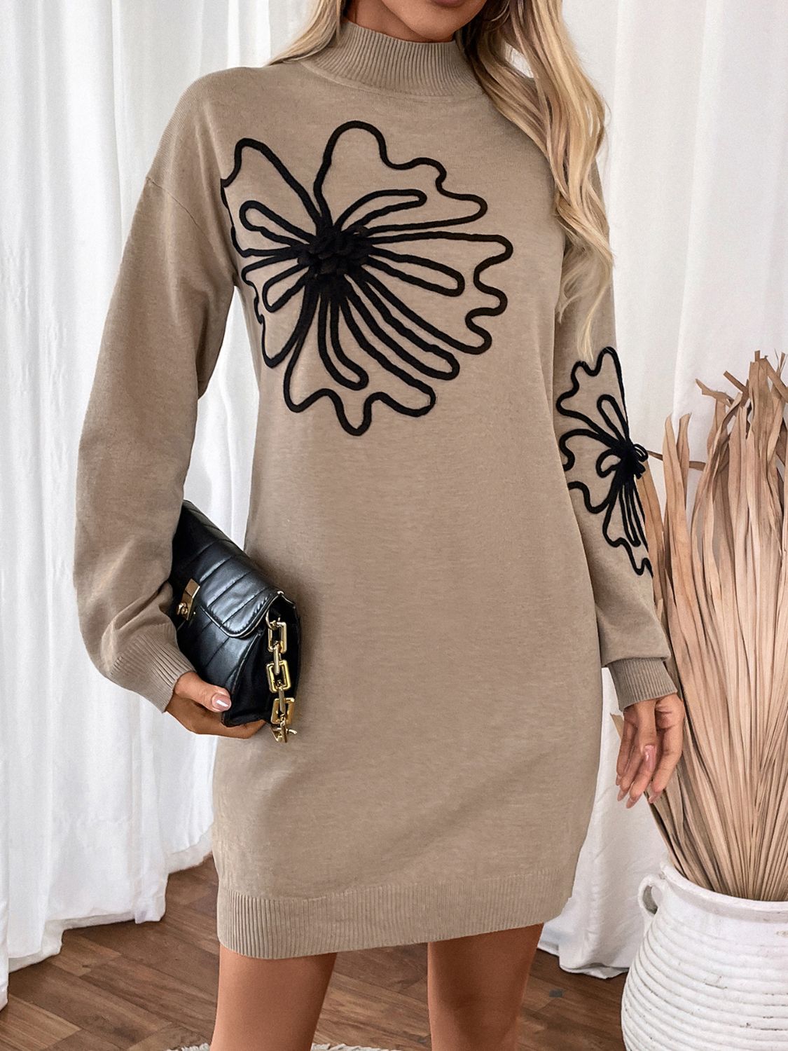 Perfee Flower Mock Neck Long Sleeve Sweater Dress - PAIR WITH LEGGINGS! - T - 1 COLOR -