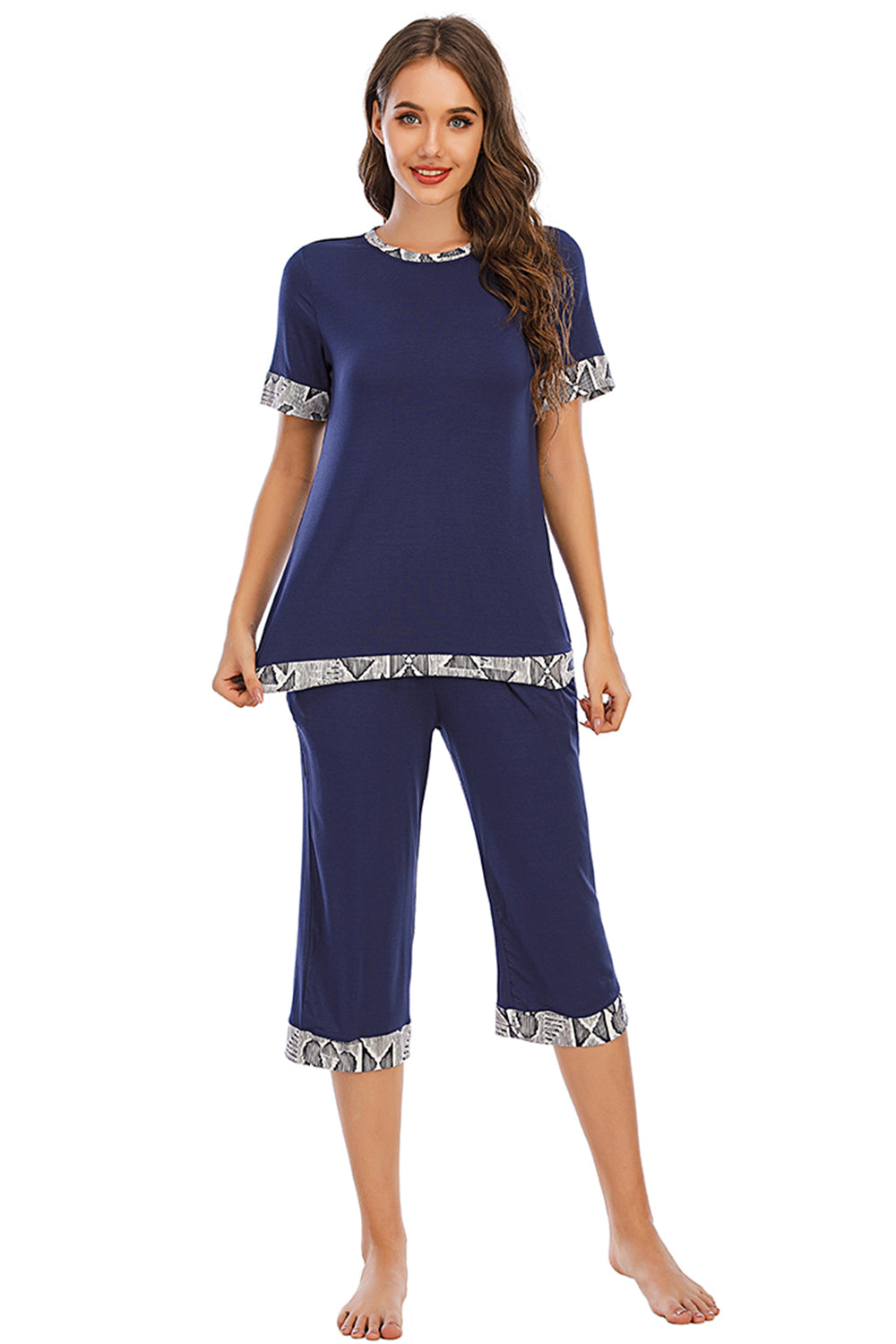 Round Neck Short Sleeve Top and Capris Pants Lounge Set - 2 PCS. - T - 3 COLORS -