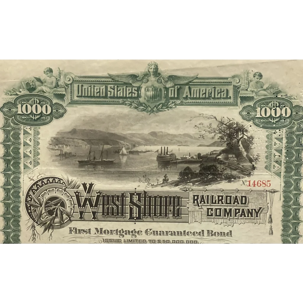 Antique 1885 West Shore Railroad Company Gold Bond Certificate