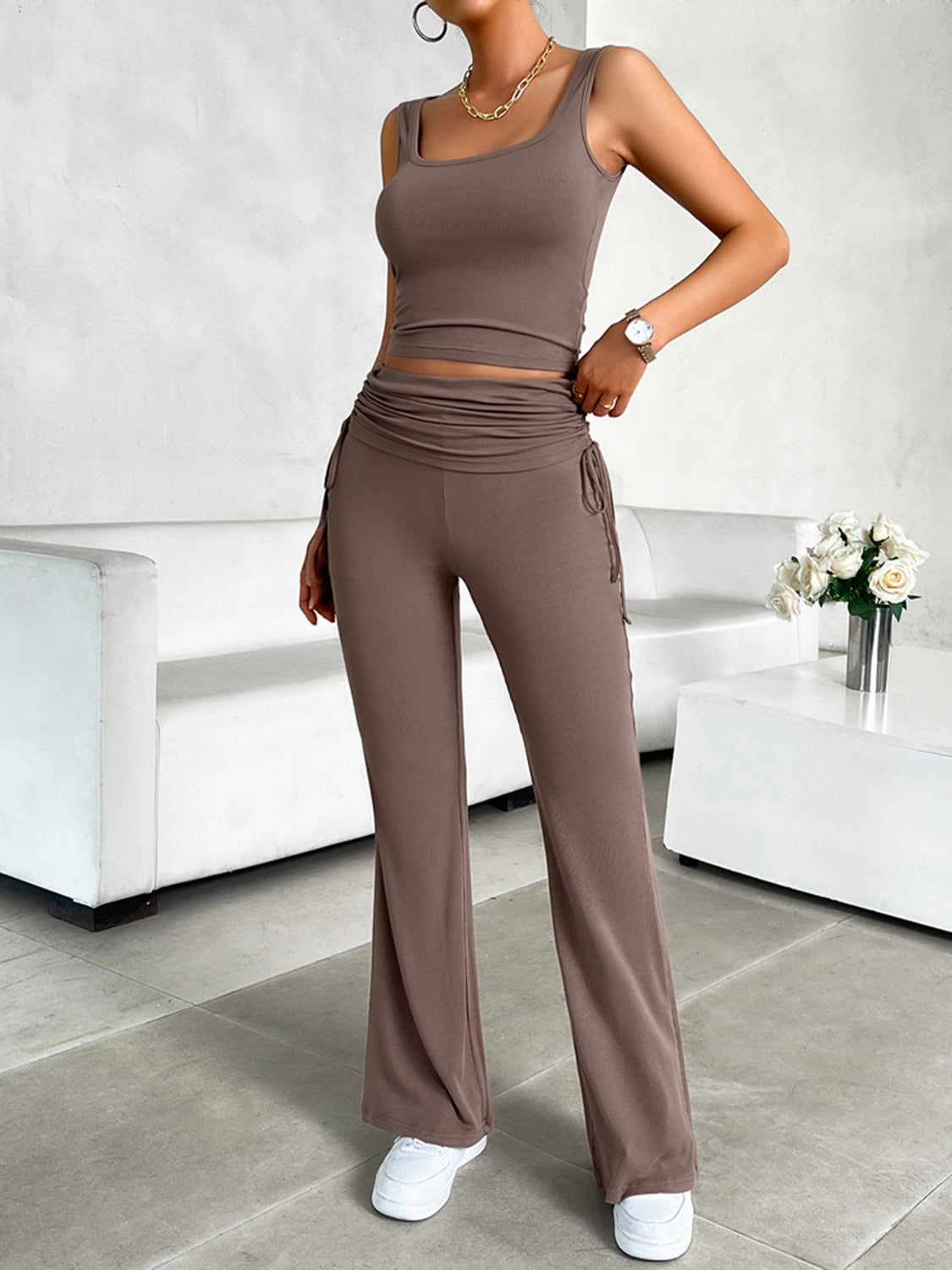 Square Neck Tank and Drawstring Pants Set - 2 PCS. - T - 4 COLORS -