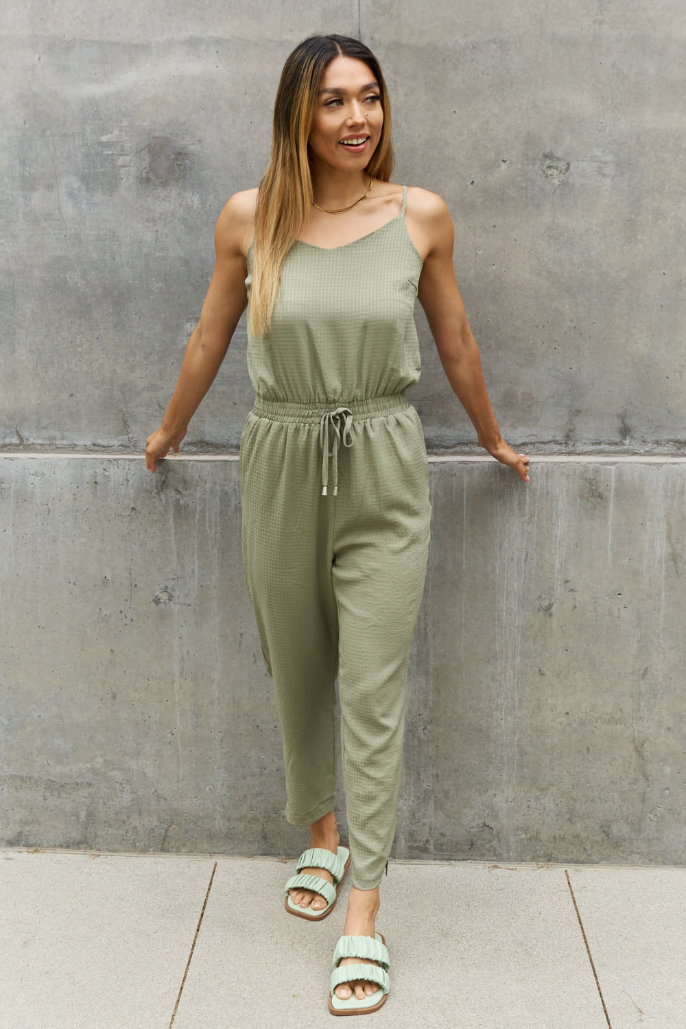 ODDI Full Size Textured Woven Jumpsuit in Sage - SIZES S THRU 3XL - 2 PCS. - T - 1 COLOR -