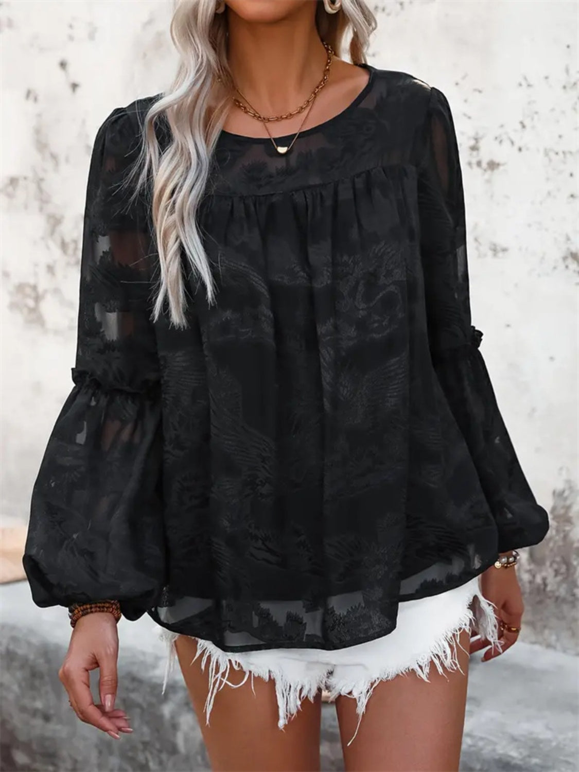 Round Neck Balloon Sleeve Blouse - T - 1 COLOR -