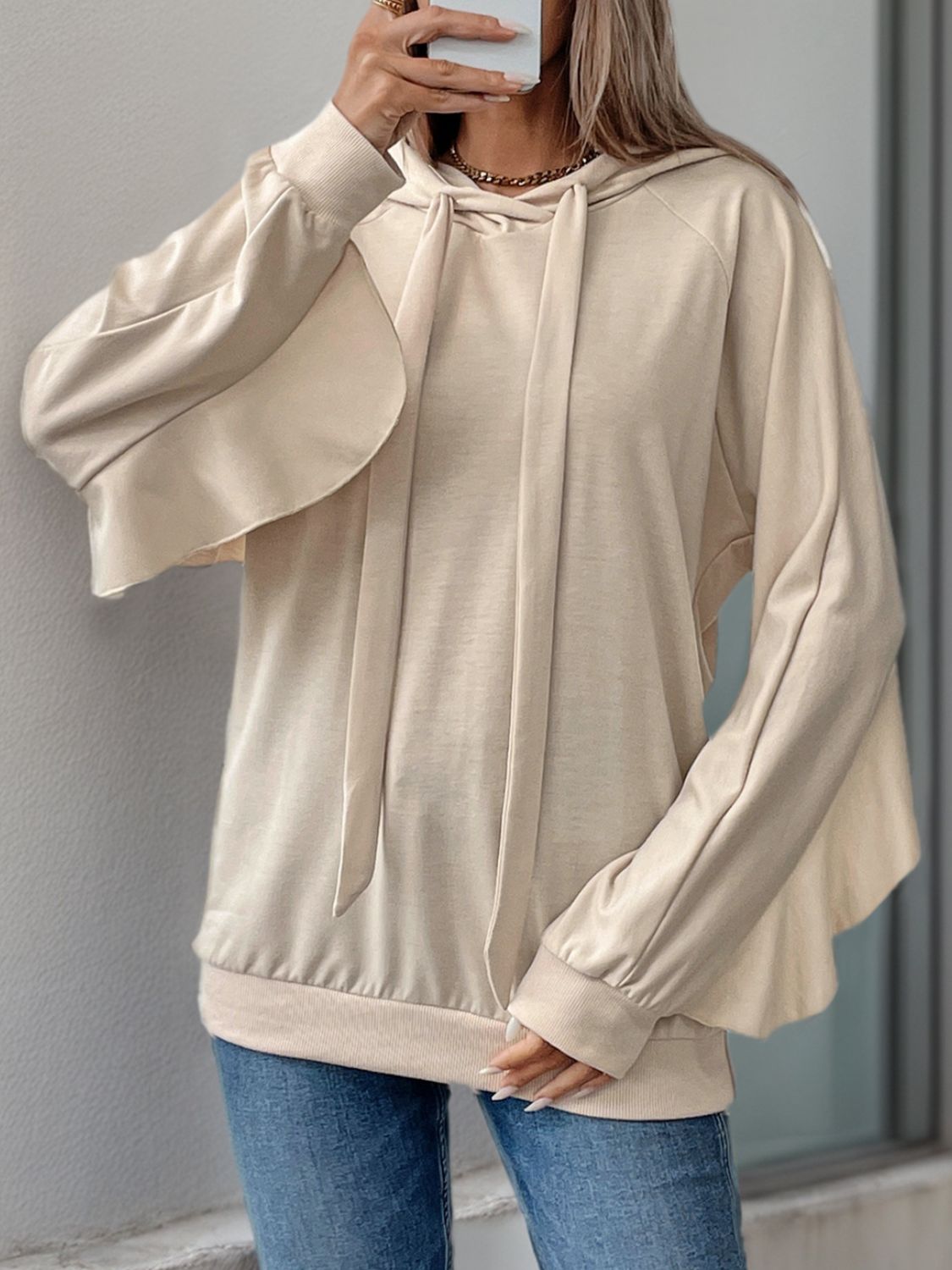 Perfee Drawstring Ruffled Long Sleeve Hoodie - T - 1 COLOR -