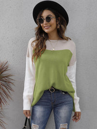 Thumbnail for Color Block Round Neck Sweater - T - 3 COLORS -