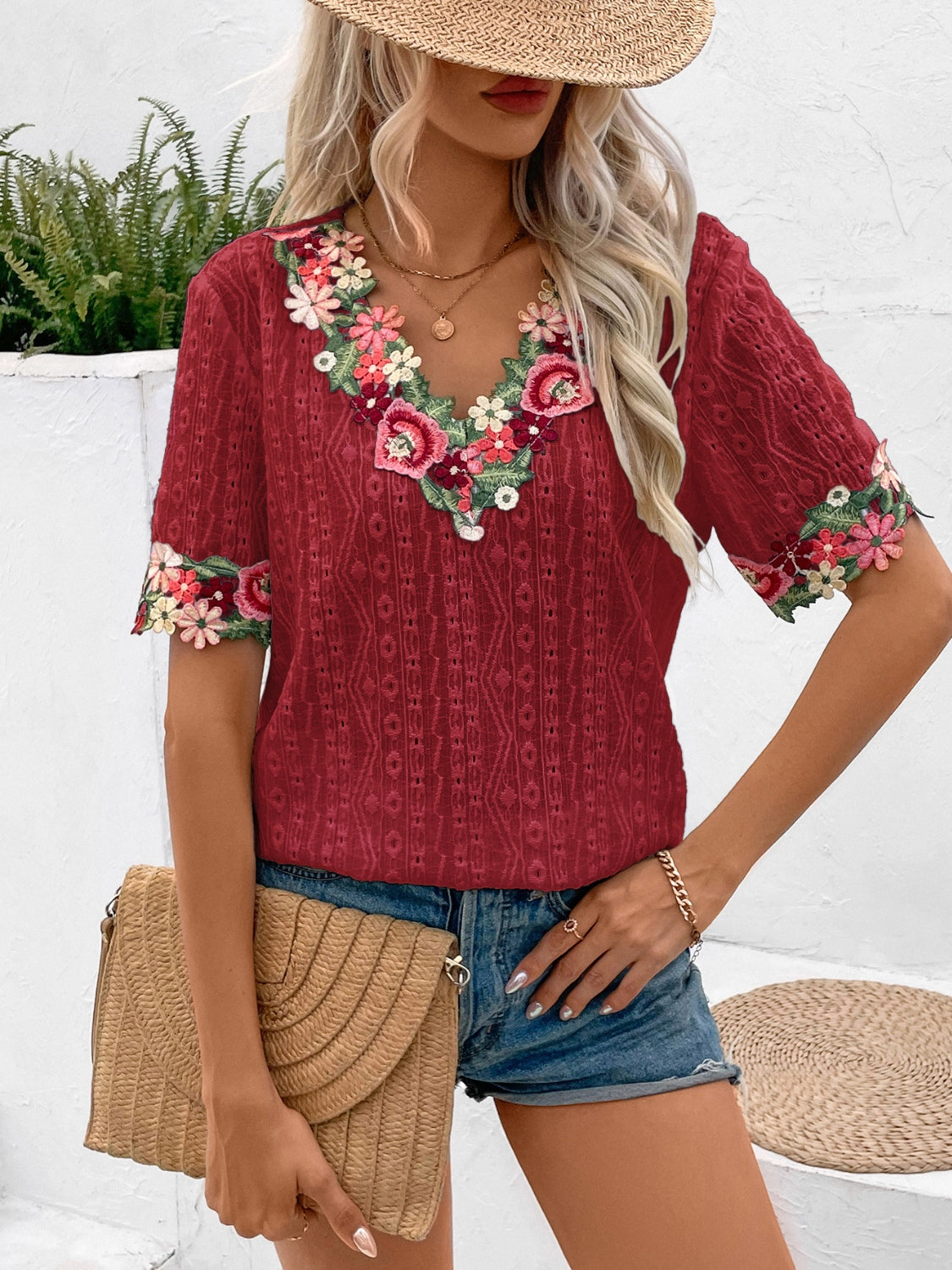 Eyelet Embroidered V-Neck Short Sleeve Blouse - T - 4 COLORS -