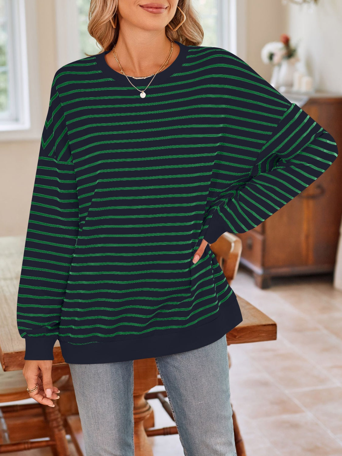 Striped Round Neck Long Sleeve Sweatshirt - T - 6 COLORS -